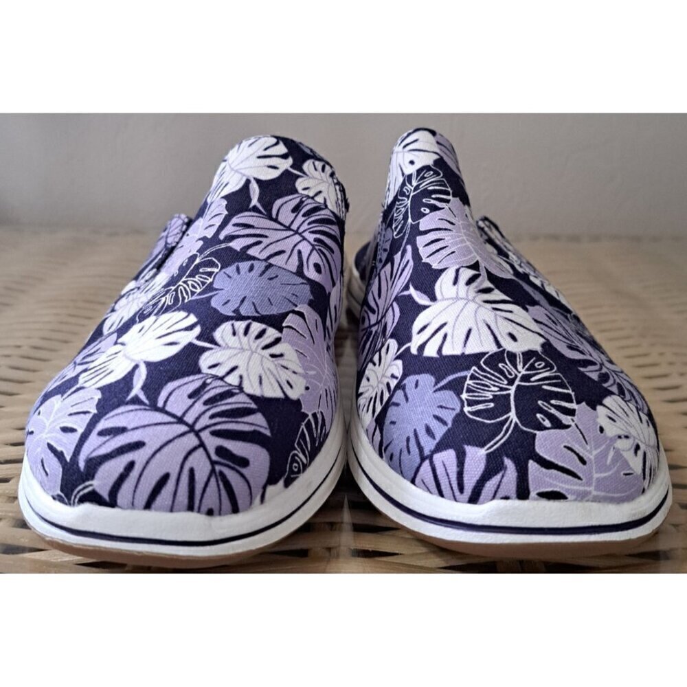 Clarks CloudSteppers Women's 12 Breeze Canvas Slip-on Mules Purple Tropical Leaf